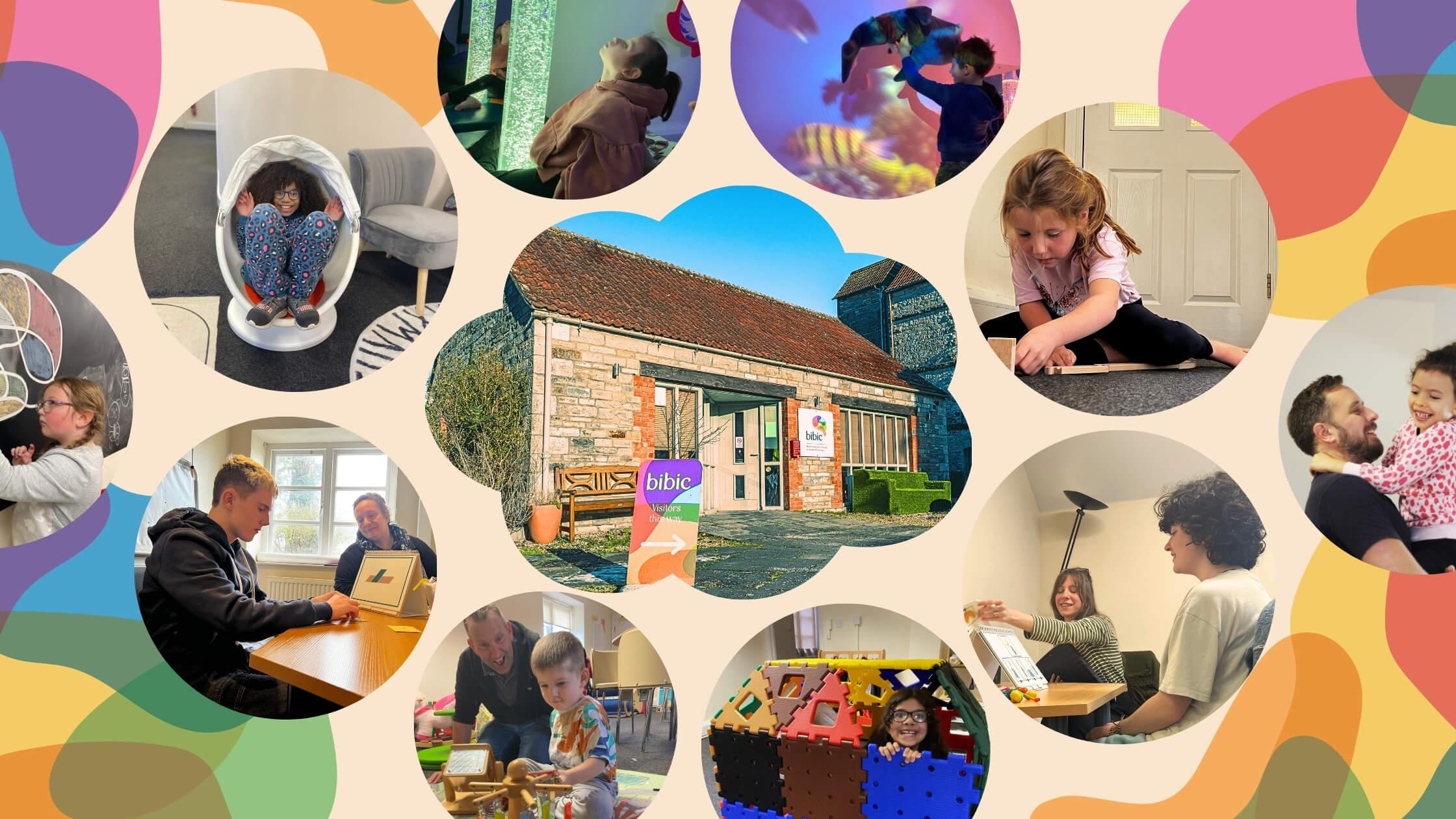 Web Banner image, containing pictures of the individuals we support and our centre